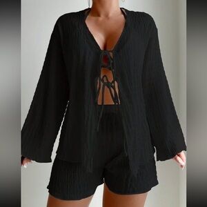 Black Tie-Front Blouse and Shorts Set